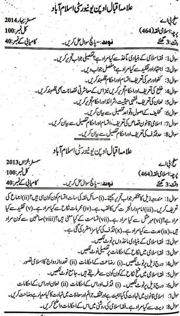 AIOU Code 464 BA Past Papers