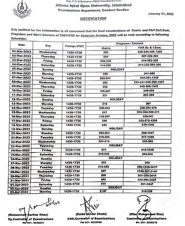 AIOU Datesheet of Matric FA and ATTC Courses 2026