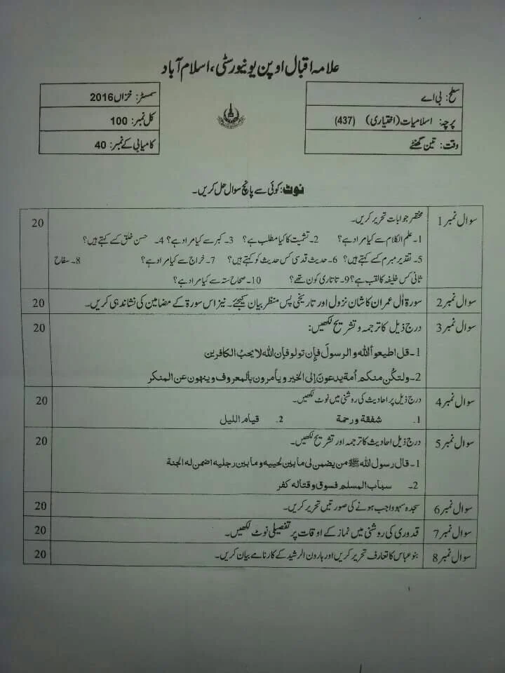 Allama Iqbal Open University BA 437 Old Papers 2016